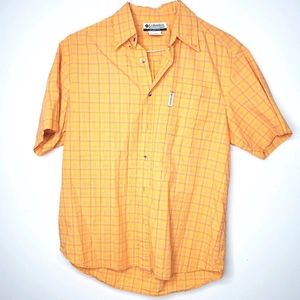 23) COLUMBIA Button-up Rare Golden Orange w. Teal Plaid Men's Sz. S